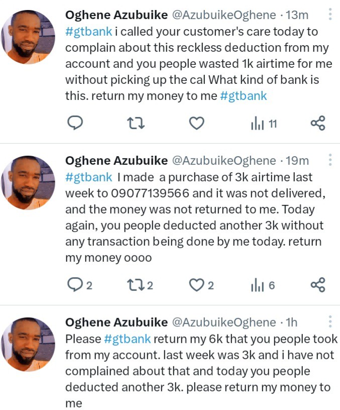 Twitter post of distressed GTB customer