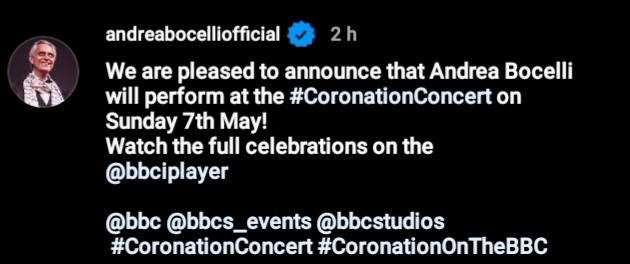 Andrea Bocelli concert announcement