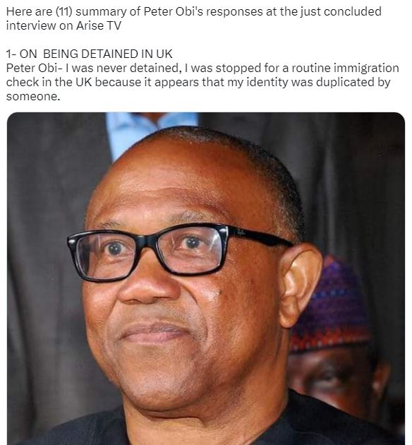 Post on Peter Obi's interview on Arise TV