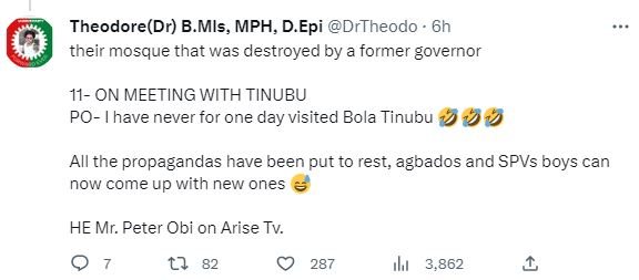 Post on Peter Obi's interview on Arise TV