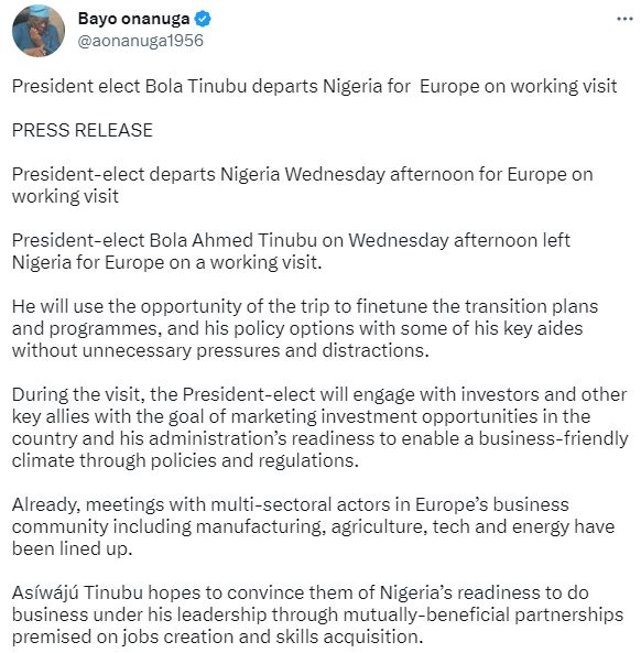 Press release on Tinubu's leaving Nigeria for Europe to attend a working visit