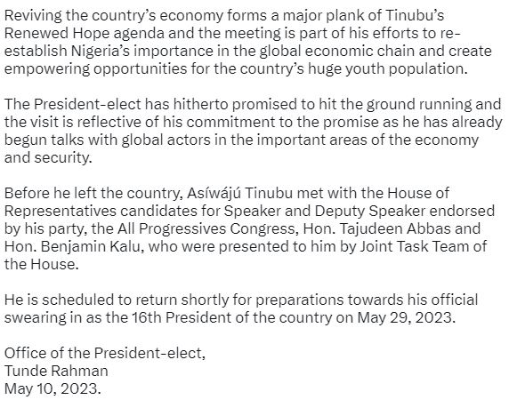 Continuation of press release on Tinubu's leaving Nigeria for Europe to attend a working visit