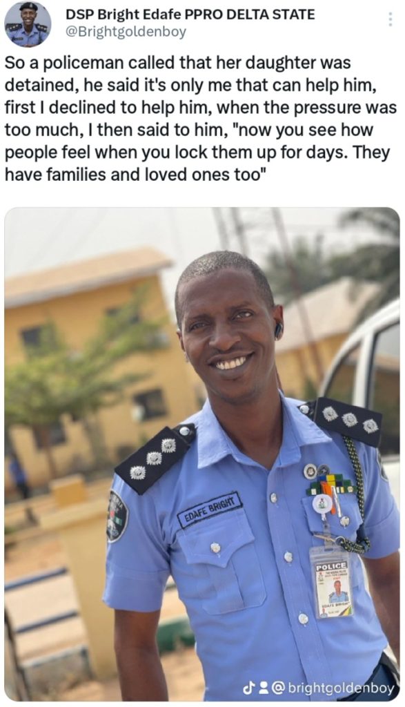 Police officer Bright Edafe Twitter post about helping a distressed police officer