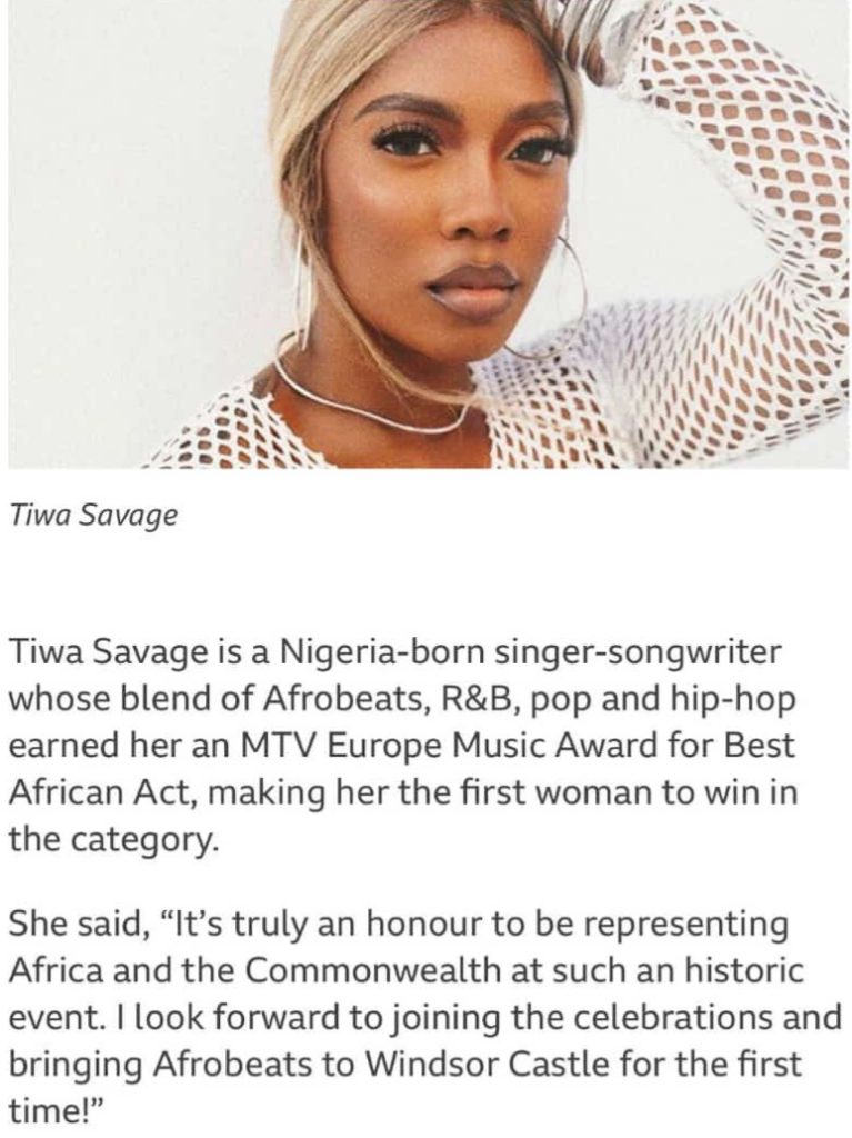 Comment by Tiwa Savage over her invitation to perform at British coronation